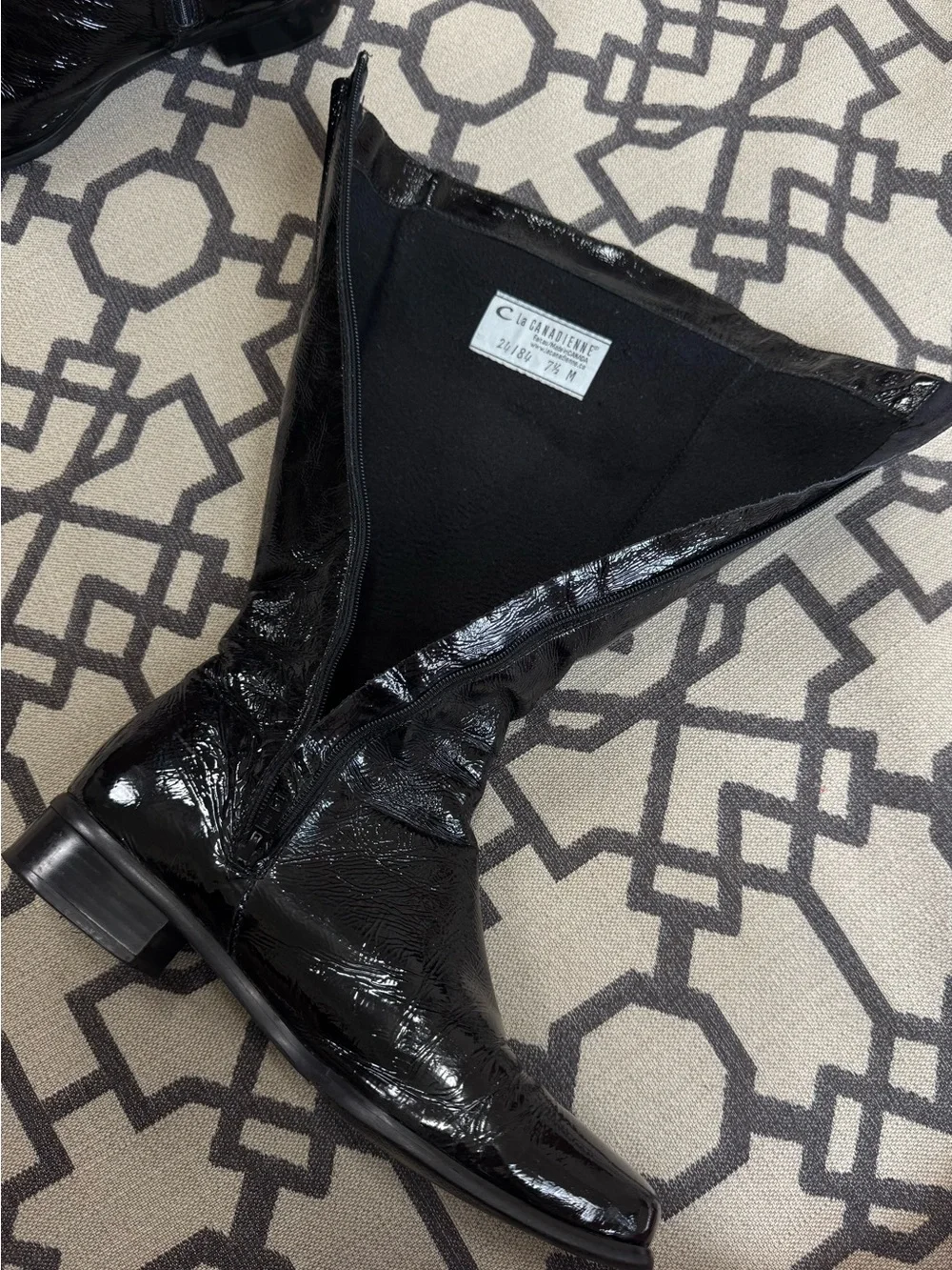La Canadienne Black Patent Leather Knee High Square Toe Riding Boots Size 7.5 M